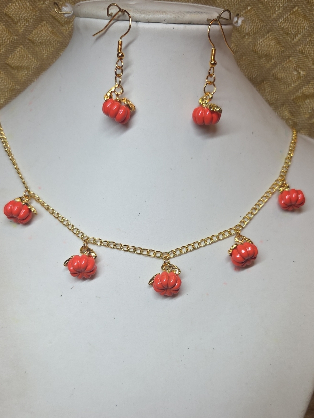 Gold-Plated Necklace & Earrings Set with Pumpkin Charms Enamel